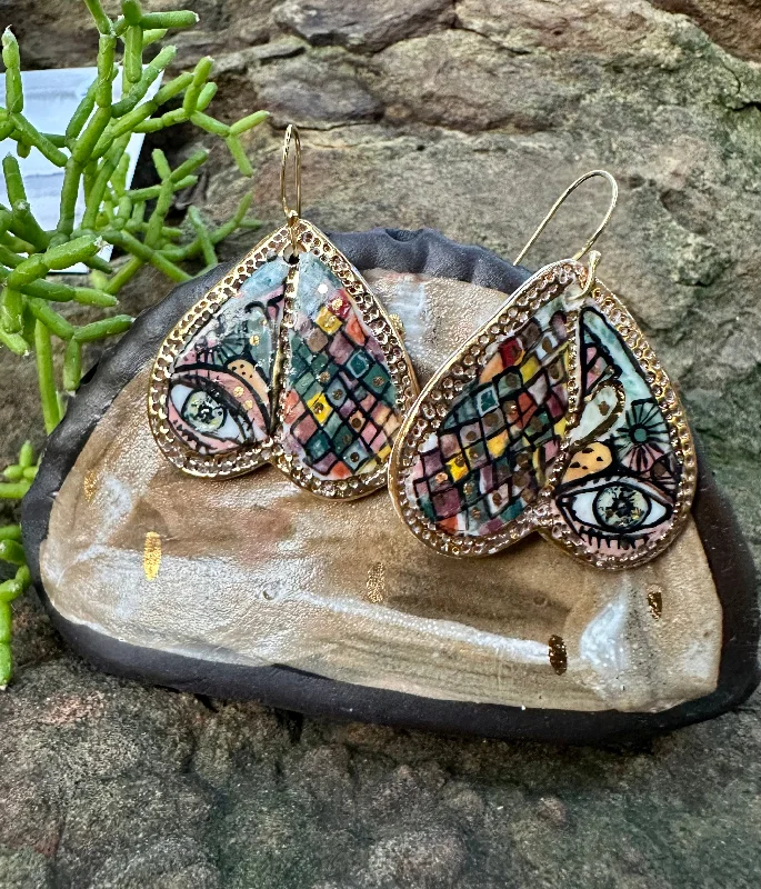 Crystal chandelier earrings for evening events -‘Wings’ Porcelain Earrings with hand painted protective eye design