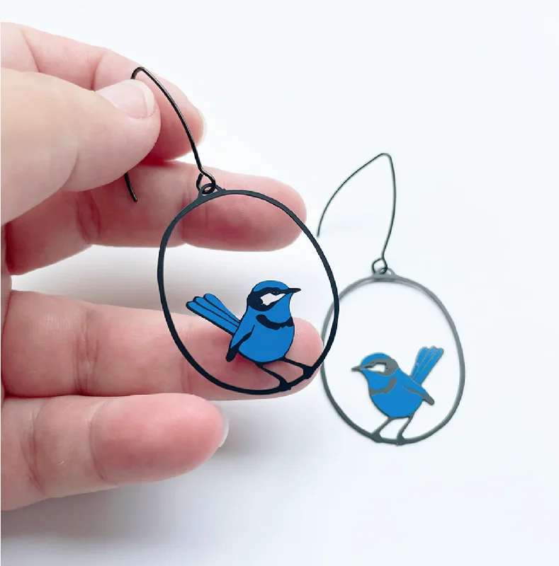 Geometric hoop earrings for trendy women -Midi Fairy Wren earrings in Blue /Black