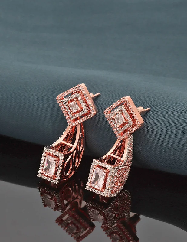 Handmade gemstone earrings for personal touch -Zirconia Rose Gold Dangler 2 in 1 Stud+Earrings